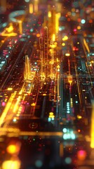 Poster - Digital abstract glitch art overlays futuristic technology cityscape graphic design vibrant environment aerial view modern concept