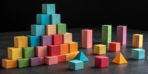 Poster - A pile of colorful wooden blocks arranged in a pyramid shape