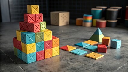 Poster - A stack of colorful blocks with a pyramid on top