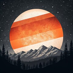 Poster - A large orange and white sun is surrounded by mountains and trees