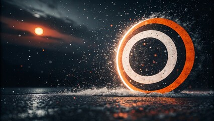 Poster - a circle with an orange and black border is surrounded by a splash of water
