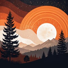 Poster - A painting of a forest with a large orange moon in the sky