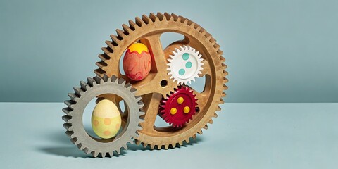 Poster - A wooden gear with eggs on it