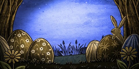 Poster - A rabbit is sitting in a field of Easter eggs