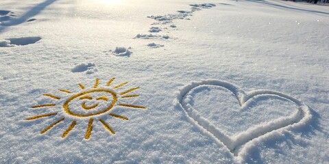 Poster - A sun drawn on the snow with a heart drawn in the snow