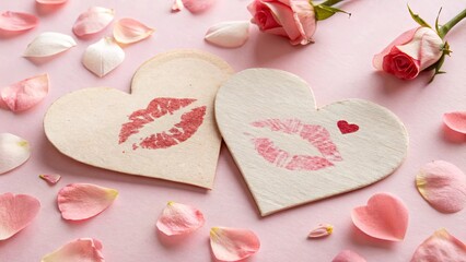 Poster - Two hearts with red lips on them, surrounded by pink petals