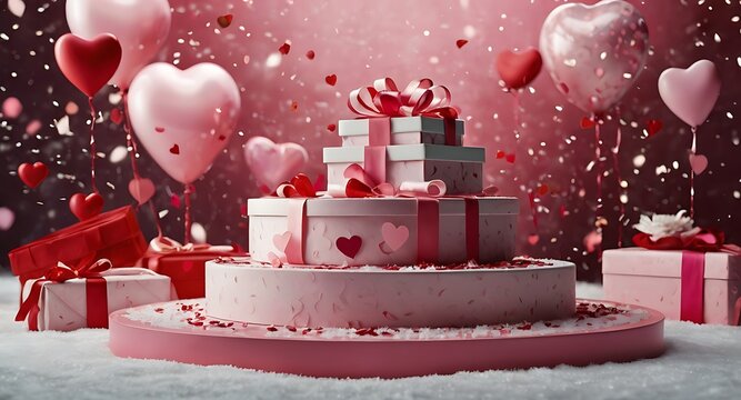 Happy Valentine Day background with cylindrical podium for promotion.