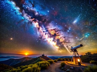 Wall Mural - Aerial Drone Shot of a Large Telescope at Night Under a Starry Sky
