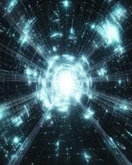 Poster - Cosmic digital meshes journey through a futuristic tunnel abstract background sci-fi environment bright light viewpoint