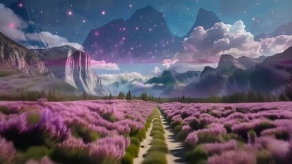 Wall Mural - A beautiful purple field with mountains in the background. The sky is clear and the stars are shining brightly