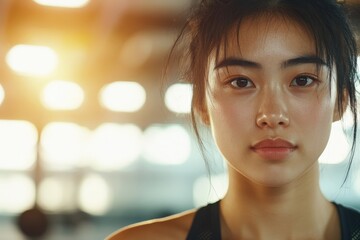 Portrait of a focused young female athlete in a gym during morning training session