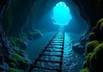 Wall Mural - Exploring a mystical cave with a wooden bridge over shimmering blue water