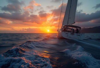 Wall Mural - Luxury yacht sailing at sunset over calm ocean