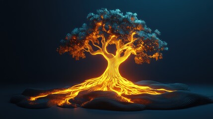 Wall Mural - Mystical Tree: A tree with glowing roots and a magical aura. paper cut Art Style 3d background 