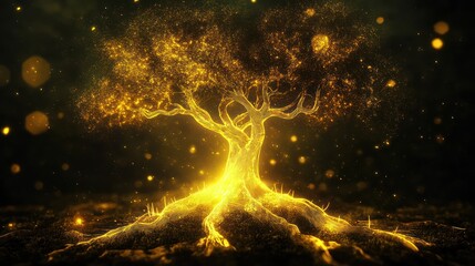 Sticker - Mystical Tree: A tree with glowing roots and a magical aura. paper cut Art Style 3d background 