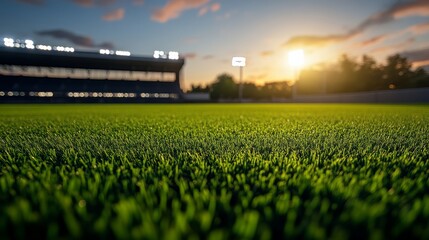 Wall Mural - A vibrant green field under a sunset sky at a stadium, highlighting the texture of the grass and the warmth of the evening light.