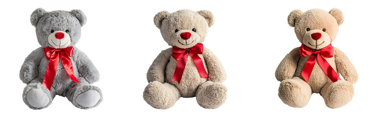 Collection of soft plush teddy bear with a red ribbon tied around its neck, isolated on a white or transparent background.