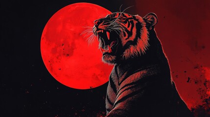 Wall Mural - A minimalist design of a tiger roaring under a glowing red moon