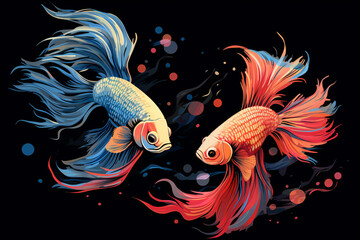 Vibrant Artistic Representation of Two Colorful Goldfish Swimming Gracefully Among Abstract Bubble Patterns on a Dark Background