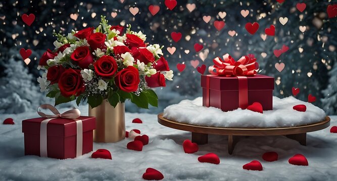 Happy Valentine Day background with cylindrical podium for promotion.