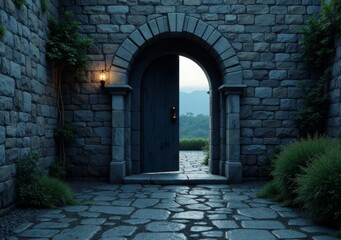 Wall Mural - Mystical stone archway leading to a serene landscape at twilight