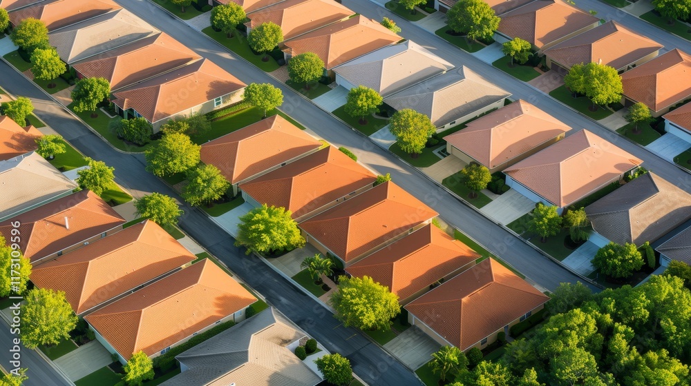 An aerial view of a sprawling suburban development featuring new houses ...