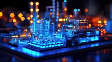Poster - Futuristic Digital Model of Factory Illuminated in Blue Lights