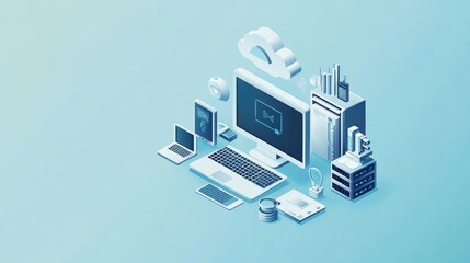 Poster - Isometric icon of computers, laptops, liaisons and technology equipment. Copy space, creative banner for computer service, tech repair, cloud storage. White blue colors. illustration.
