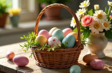 elegant Easter basket filled with decorated eggs, cozy kitchen table setting, mid-morning light softening the scene, top-down view with emphasis on basket, fresh flowers arranged nearby