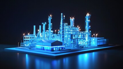 Poster - Futuristic Digital Factory Model Illuminated in Blue Light