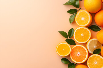 Poster - Slices of citruses are laid out in composition isolated on orange background. pieces of lemon, orange, grapefruits and tangerines with copy space, concept for healthy food and exotic fruits