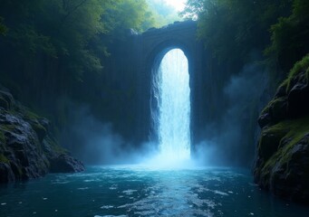 Wall Mural - Majestic waterfall cascading through a stone arch in a lush forest setting