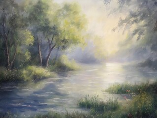 Wall Mural - serene river landscape painting with trees and morning light.