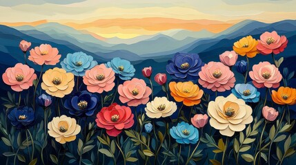 Sticker - Vibrant colorful flowers blooming in field against mountain sunset backdrop.