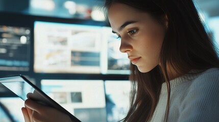 Wall Mural - Young Woman Engaged with Digital Tablet in Modern Workspace