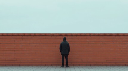 Wall Mural - person in black hoodie facing a high brick wall under a pale sky.