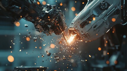 Poster - Close-Up of an Automated Robot Welding Parts in Industry Setting