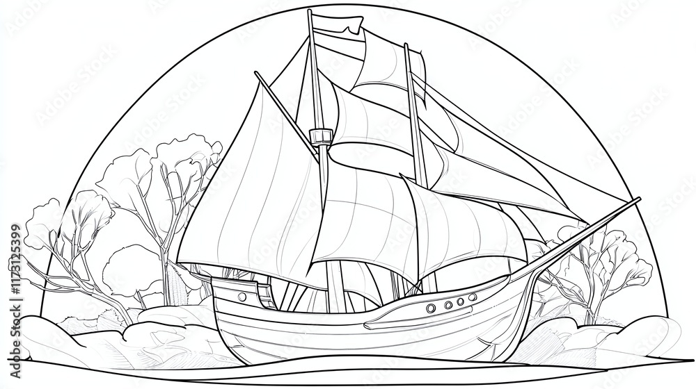 Line Art Drawing Of A Sailing Ship At Sea, Under Curved Sky, With 