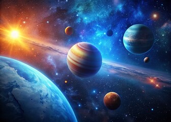 Wall Mural - Blue Star Eclipse: Planets in Deep Space - Sci-Fi Low Light Photography