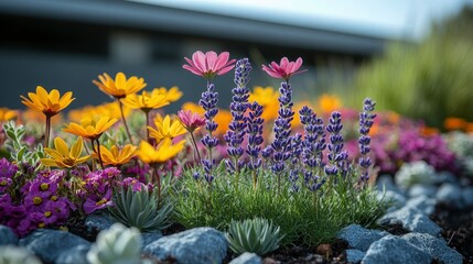 Sticker - Vibrant flower garden with colorful cosmos, lavender, and succulents.