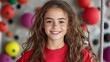 © FarhaStock - Smiling girl with long hair in a red shirt against colorful climbing wall