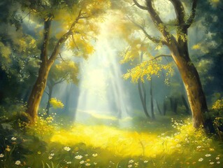 a forest with soft light shining through trees, creating a bright and magical outdoor landscape and 