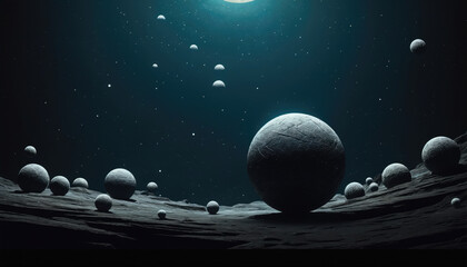 Wall Mural - Exploration of a surreal lunar landscape filled with floating celestial bodies