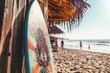 © Ihor - Bright surfboard rests by a beach hut as a surfer heads toward waves on a sunny summer day