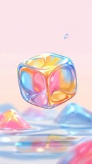 Poster - Captivating Geometry of a Shimmering Cube Drifting Serenely on a Colorful Water Surface