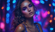 © Miklos - Young woman posing confidently in vibrant light display at a nightlife event