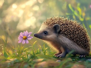 Wall Mural - gray hedgehog reaching a pink blossom in soft light, green forest floor enhances a gentle woodland scenery.