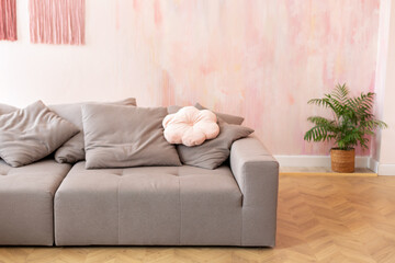 Wall Mural - Cozy living room interior design with stylish grey sofa, houseplant in pot, pillows and decorations in modern scandinavian home decor. Modern room interior with comfortable sofa and furniture	
