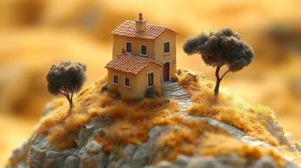 Miniature house on a hilltop with two trees, warm light.