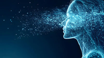 Leinwandbilder - A digital representation of a woman's profile, merging with particles and light, symbolizing creativity and the fusion of technology and humanity